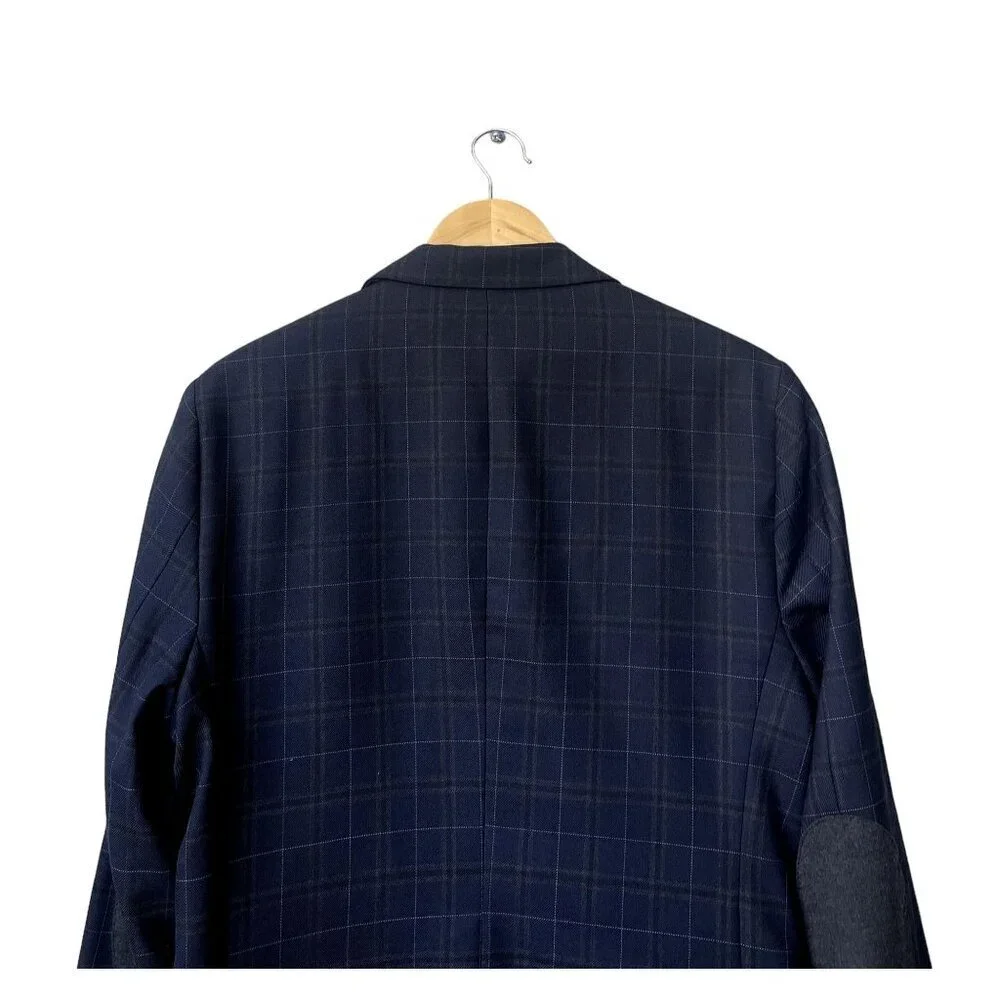 Zara Mens Blazer Size 40 Navy Blue Plaid Wool Blend Button‎ Front
